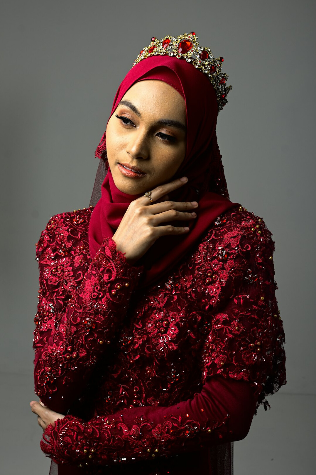 Studio portrait of a Malaysian woman wearing a hijab